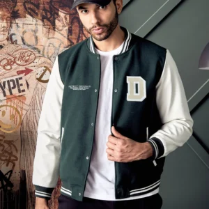 Men's Badge Detail Felt Green Baseball Jacket