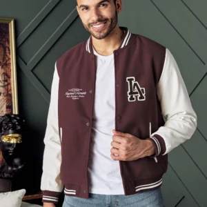 Men's Badge Detail Felt Maroon Baseball Jacket3