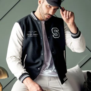 Men's Badge Detail Felt Navy Blue Baseball Jacket